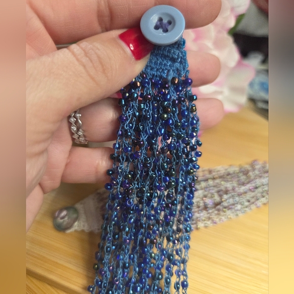 Elegant Beaded/Embroidered Bracelets Set of 2- Blue and White - Picture 2 of 5